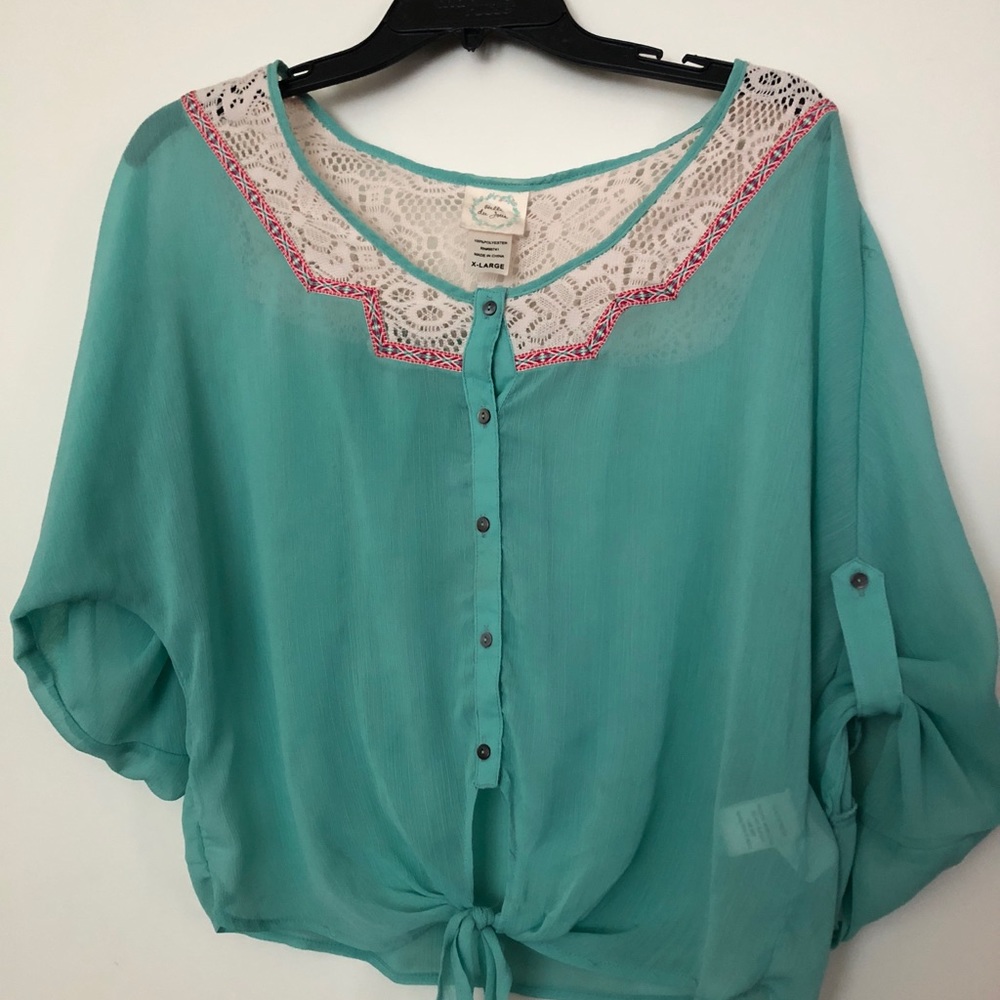 Women's teal button-up shirt